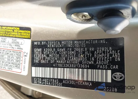 2006 Toyota Camry Le из США, поврежденный, VIN 4T1BE32KX6U133694